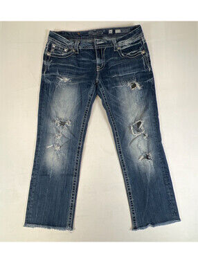 Miss Me Womens Mid-Rise Easy Crop Size 31 Distressed Dark Blue Denim Jeans
